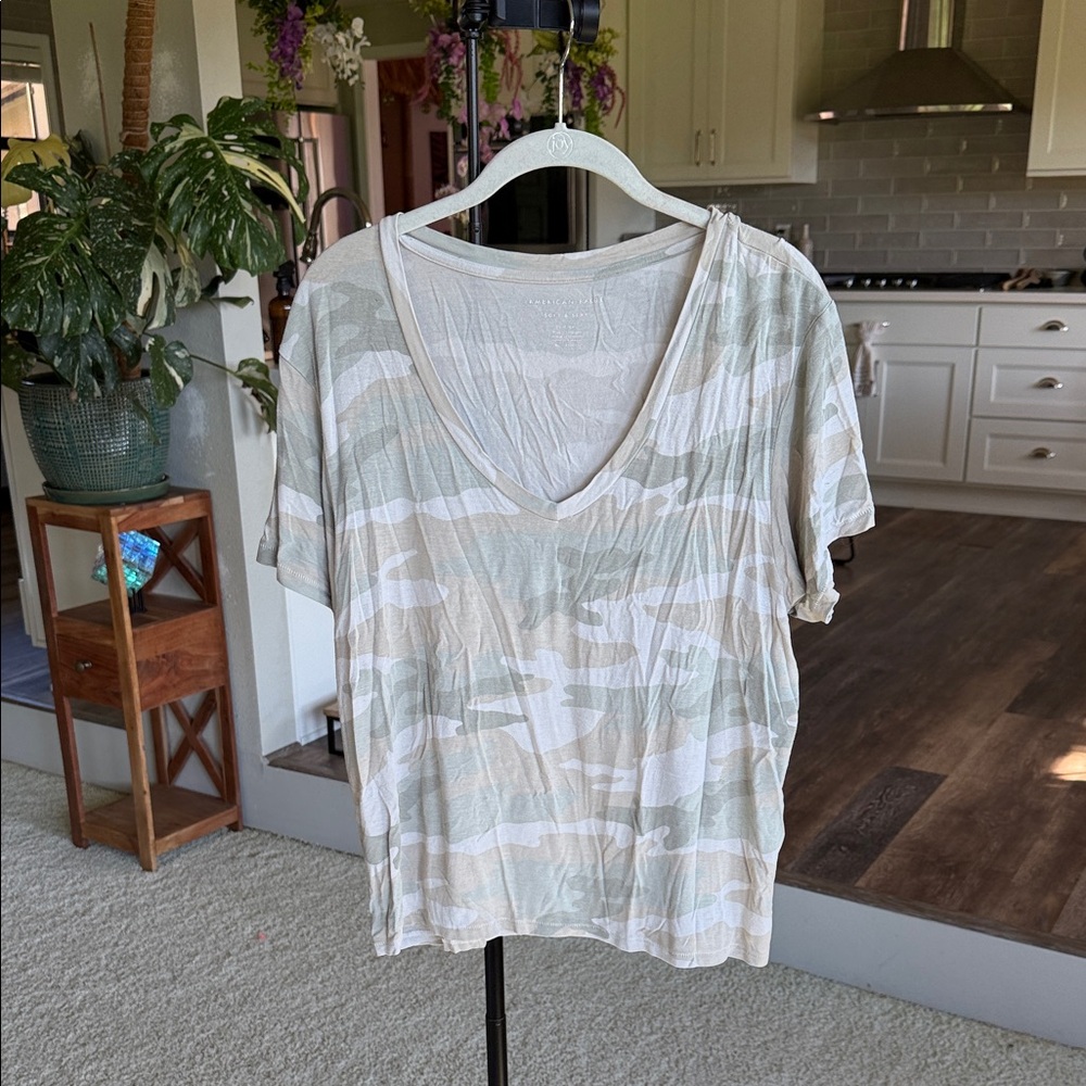 American Eagle Outfitters Light Sage Camo V-Neck Tee